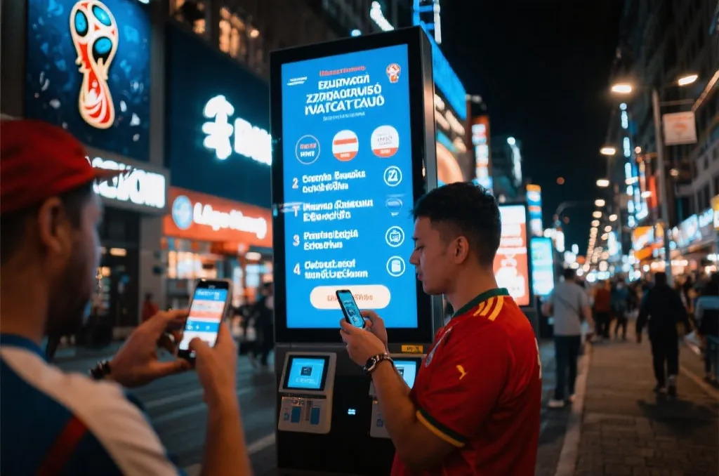 世界杯周边商圈的夜晚街景，球迷使用手机完成支付，电子屏幕显示多语言消费信息，充满国际赛事氛围